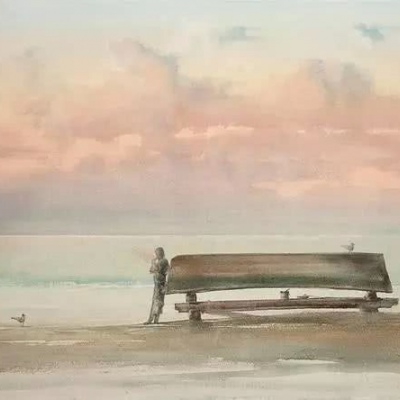 手绘意境海边水彩插画QQ头像，最美有回忆的地方